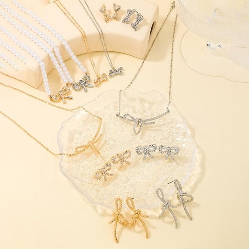 Delicate Bowknot Pendant Necklace and Earrings Combo Graceful Women's Neckchain and Ear Studs Jewelry Set Collection