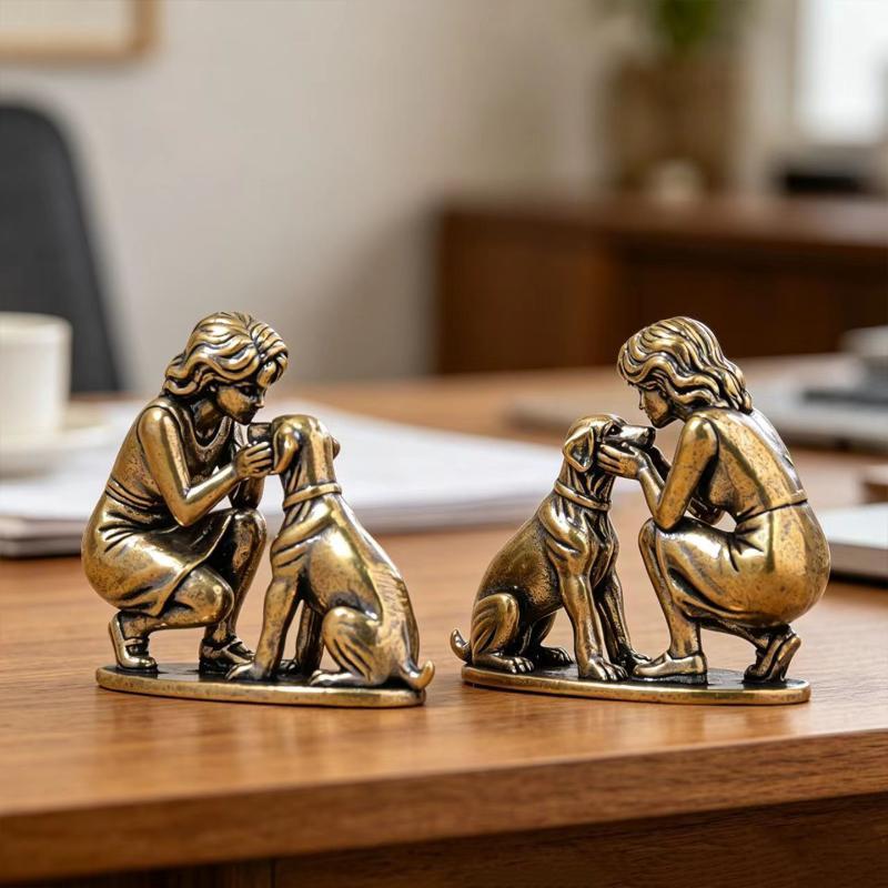 Messing Mädchen Hund Figur Haus Schreibtisch Ornament Retro Figur Kleine Dekorationshandwerke Kreative Dekoration