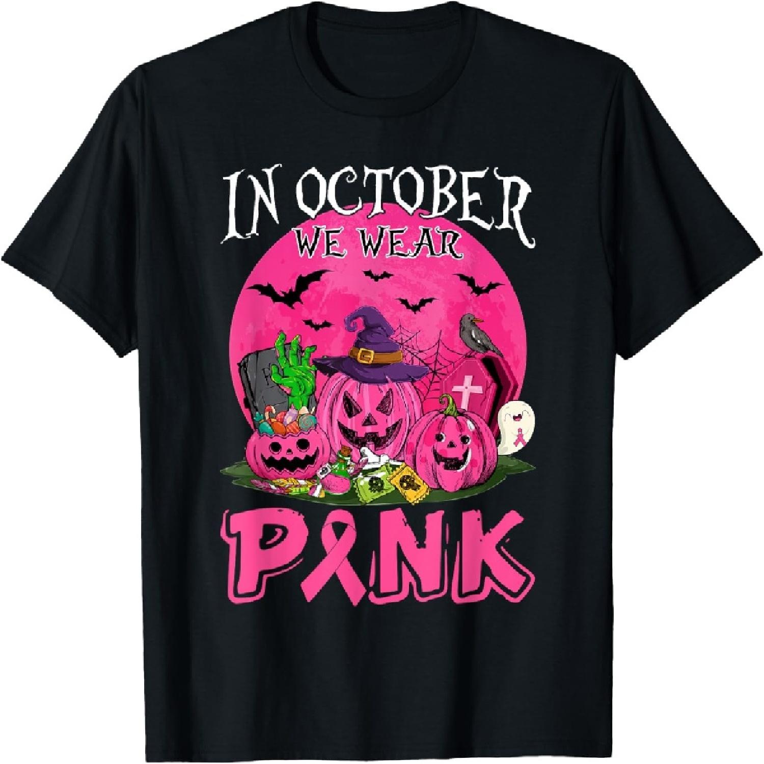 In October We Wear Pink Breast Cancer Witch Jack O lantern T-Shirt S