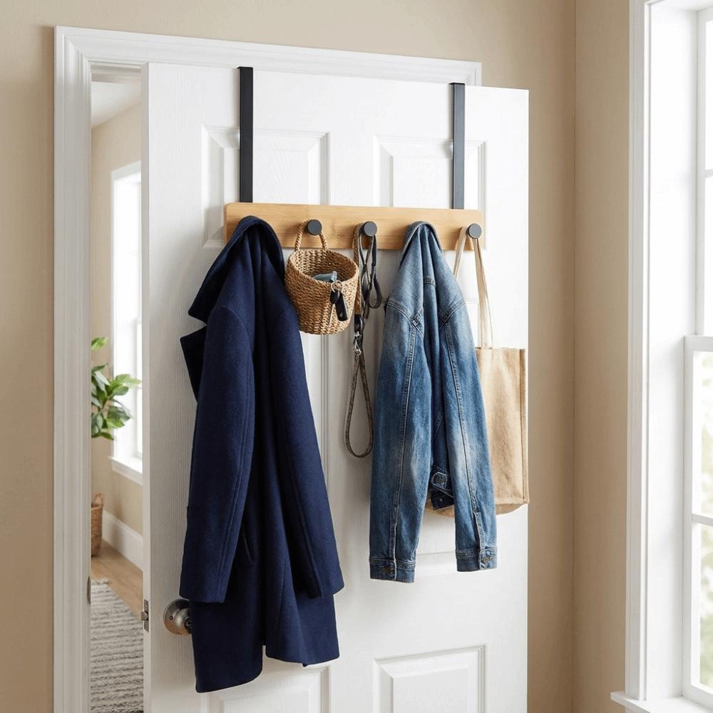 Natural Bamboo Over The Door Hooks Matte Metal Brackets Hat Hanger Clothes Rack Kitchen Storage