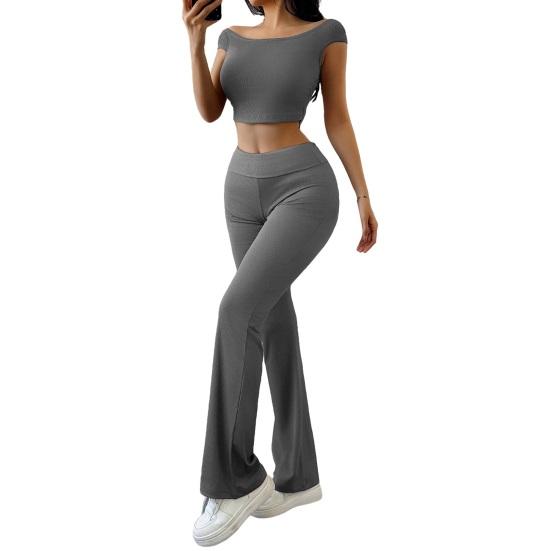 Women's 2 Piece Lounge Outfits Short Sleeve Crop Top High Waisted Flared