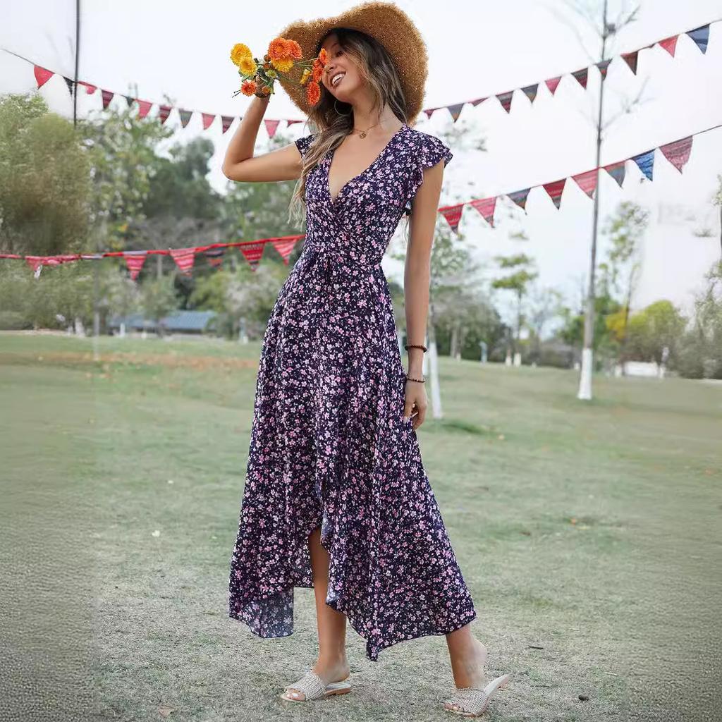 Women New V-neck Bohemian Vacation Style Slim Tie Dresses