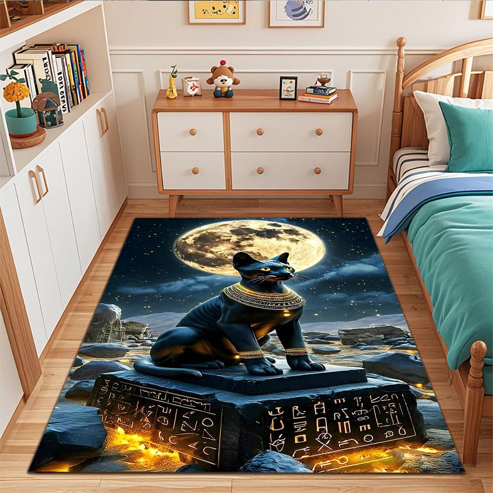"Ancient Egyptian Cat with Full Moon" Patterned carpet, suitable as a non slip play mat for the living room and bedroom sofa