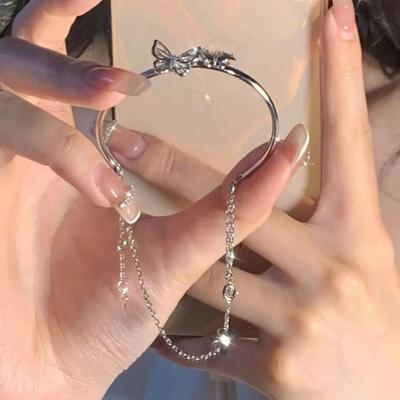 Women Bracelet Chain Tassel Decor Half Bangle Opening Adjustable Butterfly Pendant Solid Color Stainless Polished Exquisite Lady Wrist Bracelet
