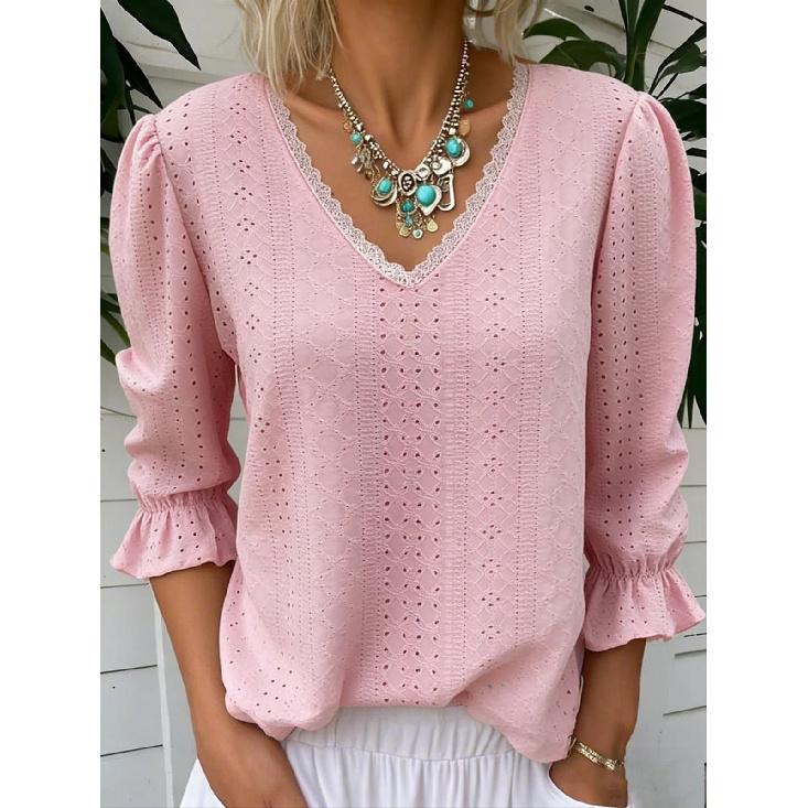 2026 Spring New Women's V-neck Hollow Casual Mid-sleeve Solid Color Top