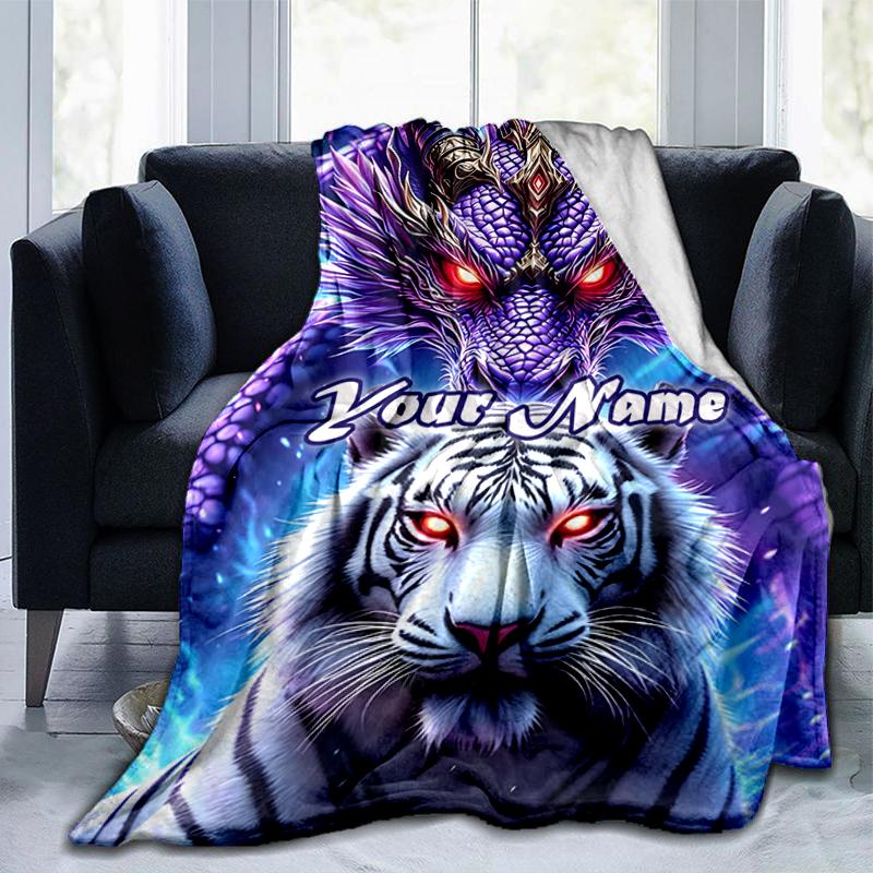 1PC Custom Name Tiger Dragon Fantasy Outdooor Flannel Blankets Throw Blanket All-Season Throw Gift Bedspread for Couch, Bed, Camping Holiday Birthday