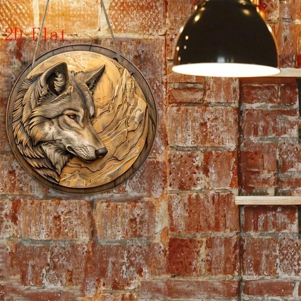 Rustikales Wolf Holz Wandkunst 2D Flach geschnitzt Goldenes Schild Bauernhaus Zuhause Büro Bar Man Cave Dekoration