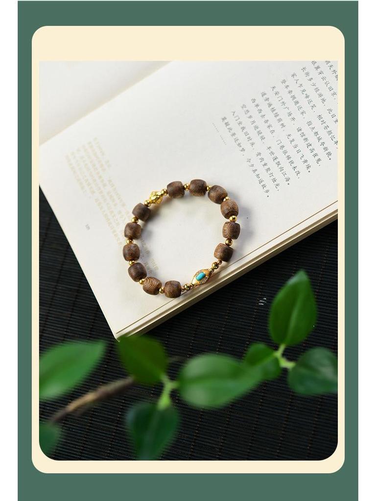 Natural Agarwood Yingge Beads Bracelet with 925 Silver Spacers