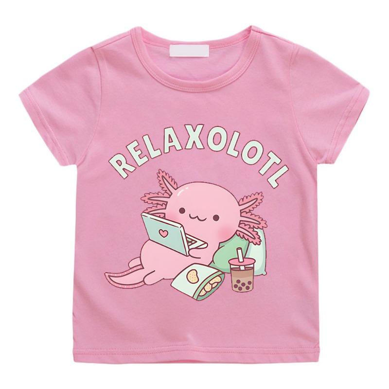 Cute Relax A Lot Axolotl Kids T-shirt Cartoon Funny Pun Graphic Clothes for Boys/Girls Cotton Short Sleeve Kids Summer Tops Tees