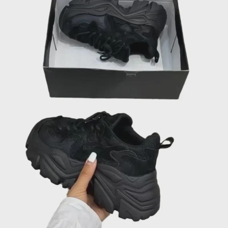 Baskets Dad à Plateforme Noires pour Femmes pour Automne/Printemps 2024 - Style Européen, Tendance Coréenne, Semelle Épaisse pour Hauteur Supplémentaire