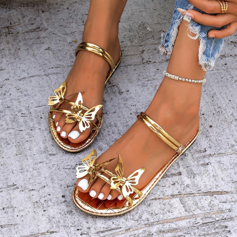 Summer New Round Toe Flat Stereo Butterfly Cutout Slippers Women Plus Size Soft Sole Non-slip Casual Beach Sandals