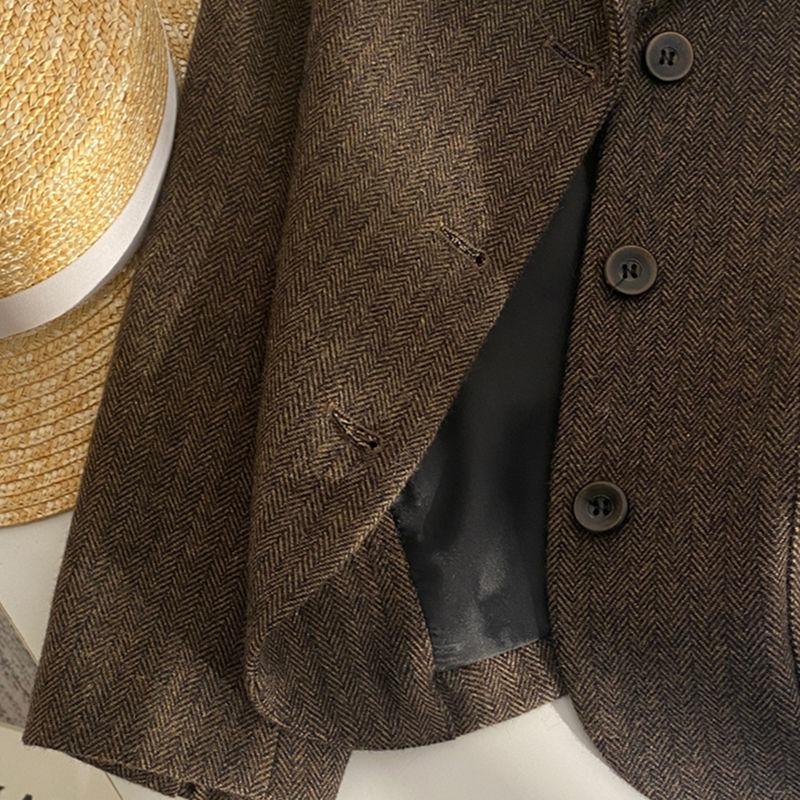 Casual Coffee Woolen Plaid Suit Coat with Retro Design for Women