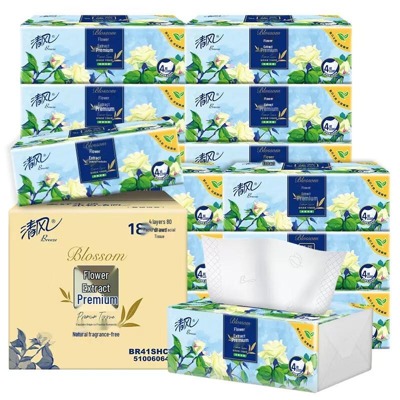 Breeze Flower Extract Premium 4-Ply Facial Tissues, 18 Packs