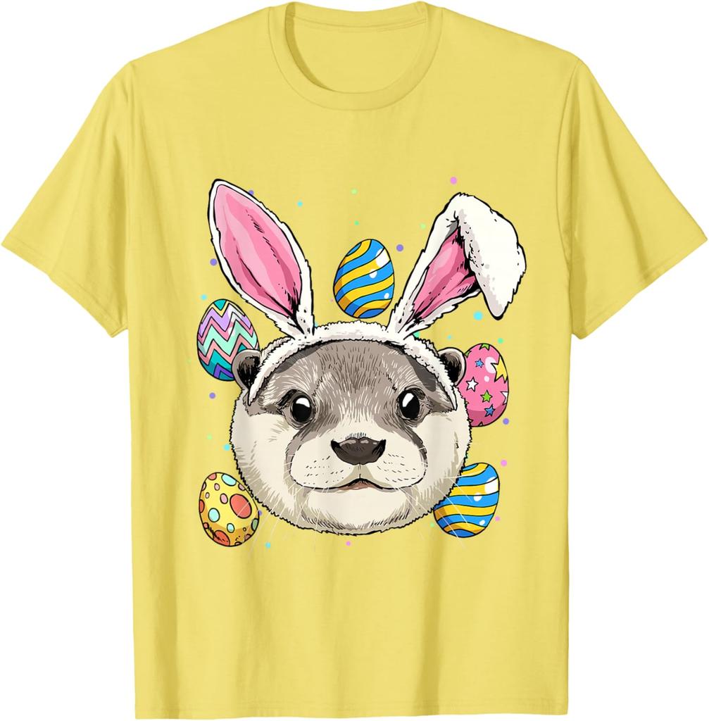 Otter Bunny Easter Eggs Graphic Tee Men Casual Vacation Trip Animal Lover T-Shirt