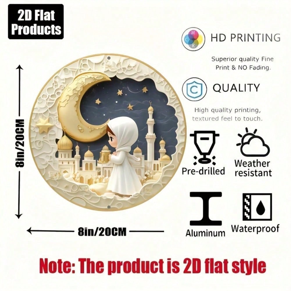 2D Round Aluminum Metal Wall Art, Girl with Mosque and Crescent Moon, Eid Al-Fitr Holiday Home Decor, 8x8 Inches, 1pc