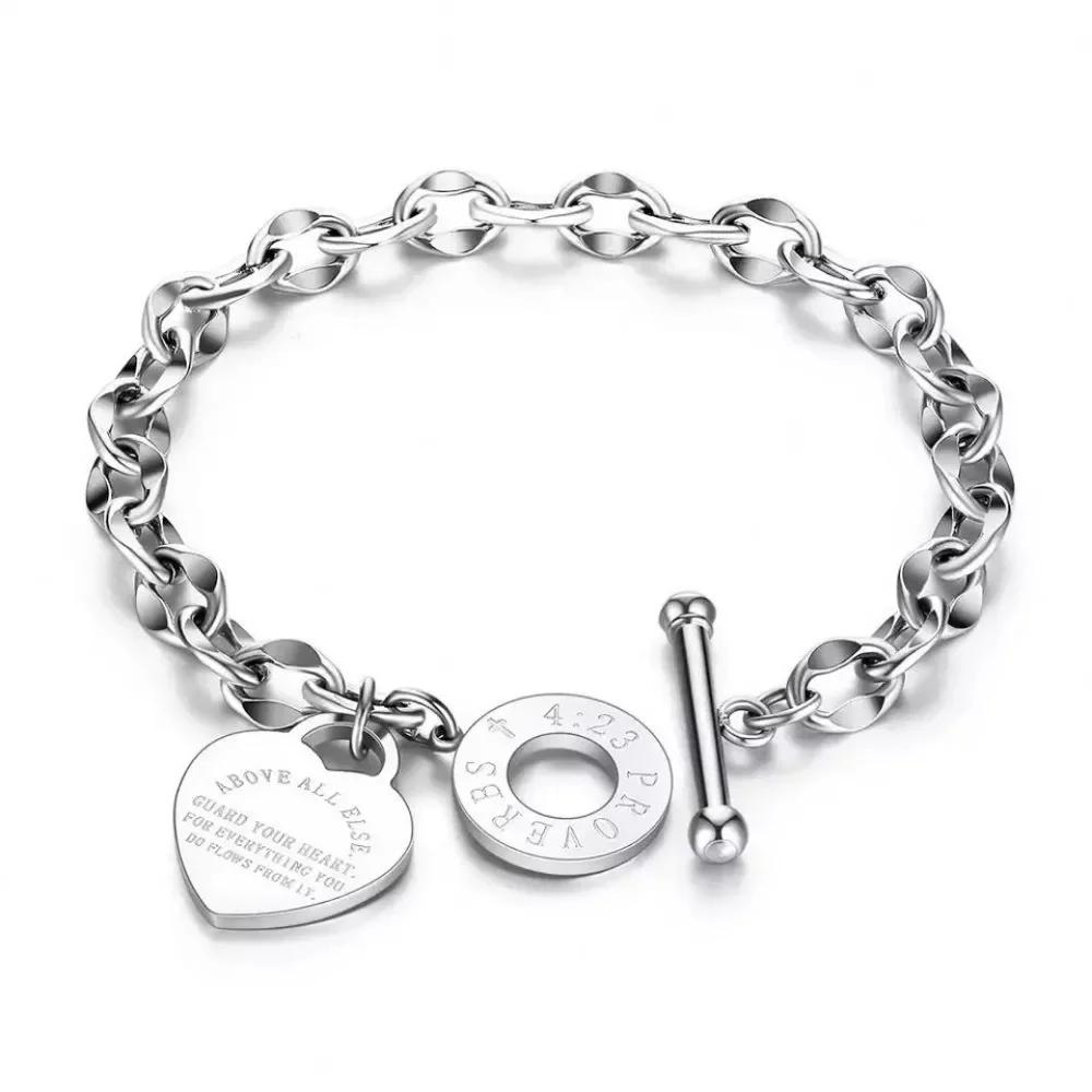 Love Pendant Link Chain OT Clasp Birthday Heart Bracelet for Women Bible Verse Bracelet Silver Gold Bracelet Jewelry Gift