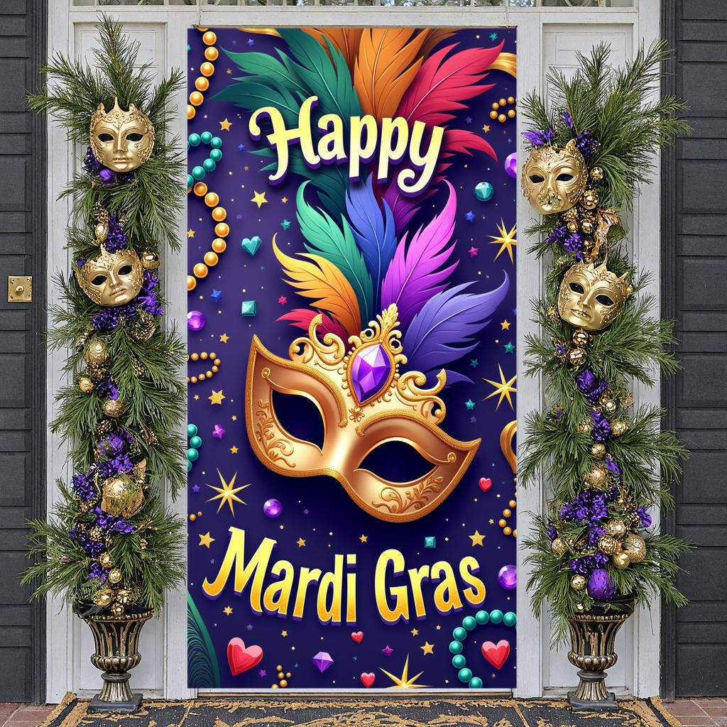 Party Display Beaded Decor Mask Background Festival Banner Colorful Feathers Mardi Gras Banner For Indoor Party Carnival Party