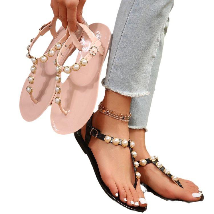 Large Size Summer New Pearl Toe Sandals Beaded Lightweight Flat Women's Shoes Comfortable and Versatile