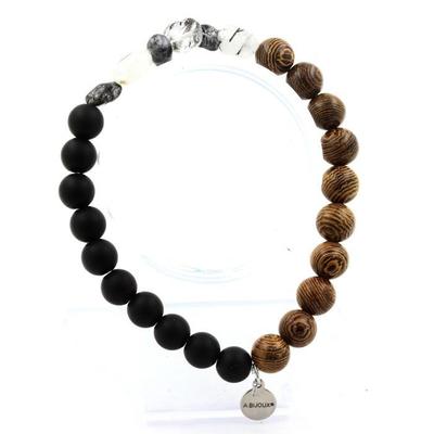 Bracelet - ABIJOUX - Quartz with Tourmaline Inclusions - Onyx Beads - 19-20 Cm - Made In France