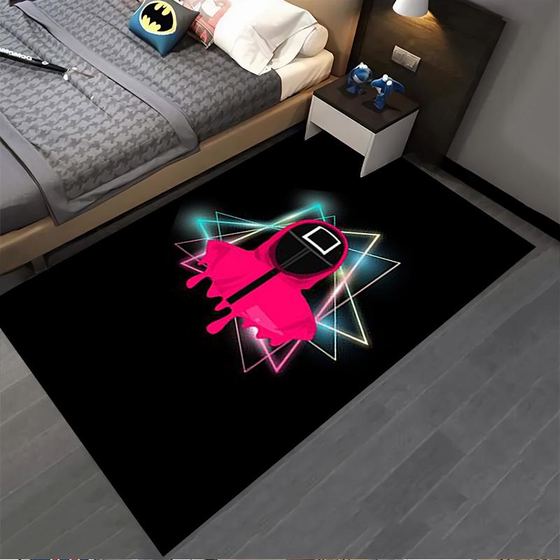 "Geometric Neon Pattern Carpet with Pink Hooded Figure and Black Base" Suitable for use as an anti-slip for living room bedroom sofas