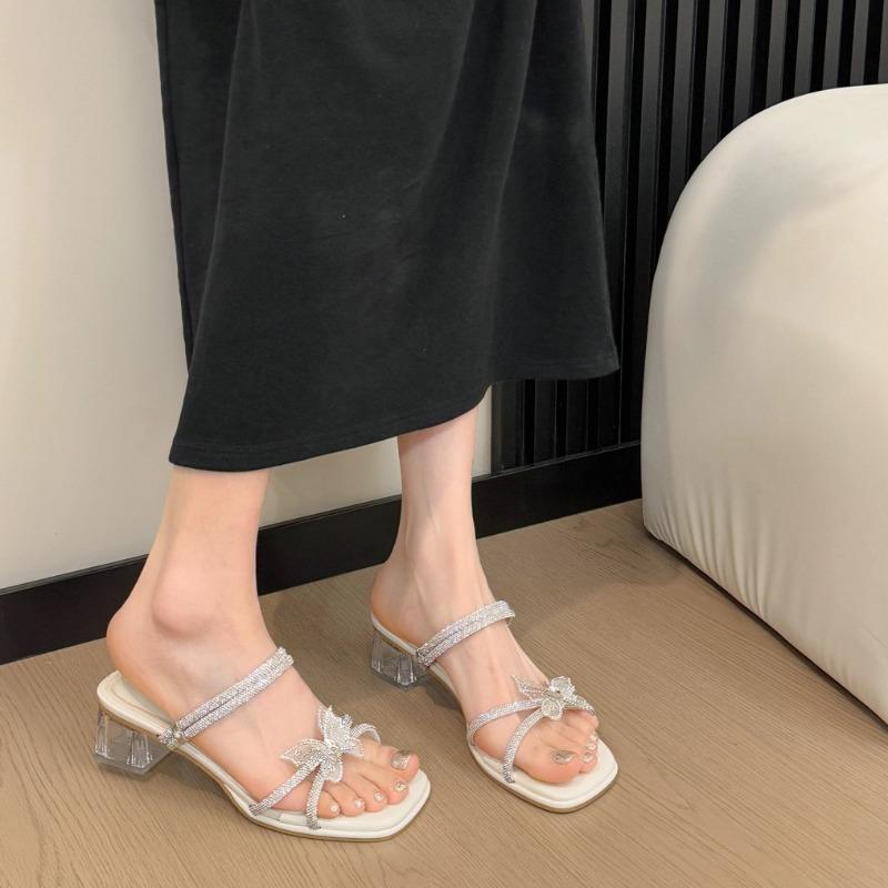Fashion Butterfly Square Heel Flip Flops Summer New Square Toe Rhinestone Slender Strap Versatile Crystal Heel Slippers