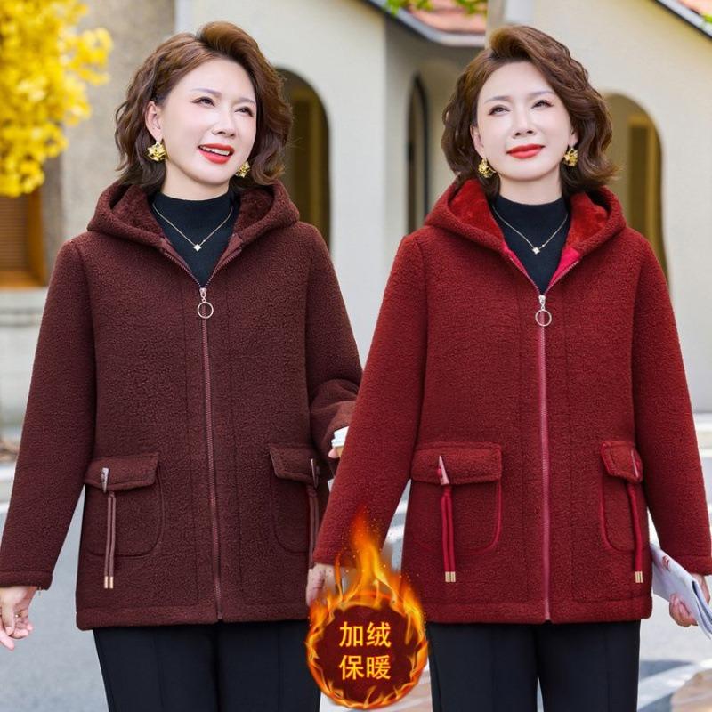Winter New Middle-aged and Old Velvet Warm Cotton-padded Clothes, Thickened Granular Hooded Cotton-padded Jackets, Women's Jackets