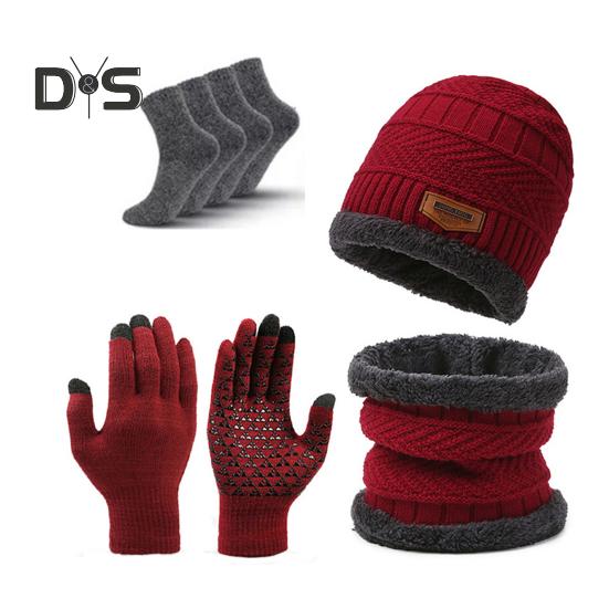 

1 комплект зимней шапки, шарфа, перчаток и носков, трикотажные толстые эластичные перчатки с отличным трением, ветрозащитные утеплители для шеи, носки для холодной погоды, велоспорта, кемпинга, рыбалки красный
