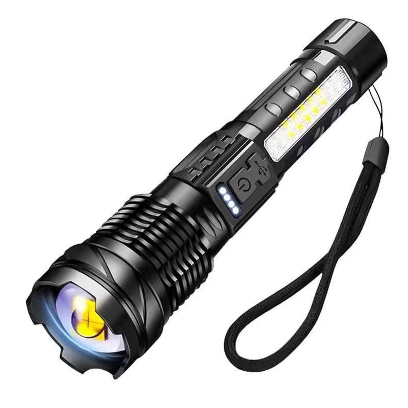 USB Rechargeable Multi-Function Outdoor Flashlight with White Laser, Side Red & Blue Warning Lights