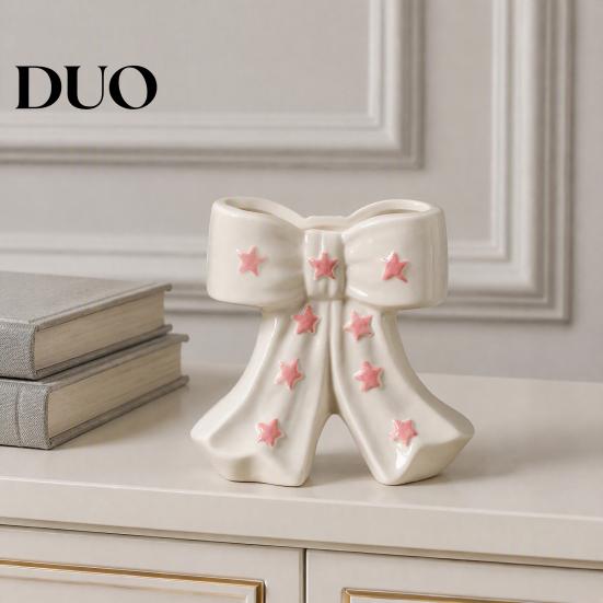 Dried Flower Holder Ceramic Bow Vase with Star, Decorative Flowers Vase, Creative Romantic Home Accessories Arrangement for Living Room Table