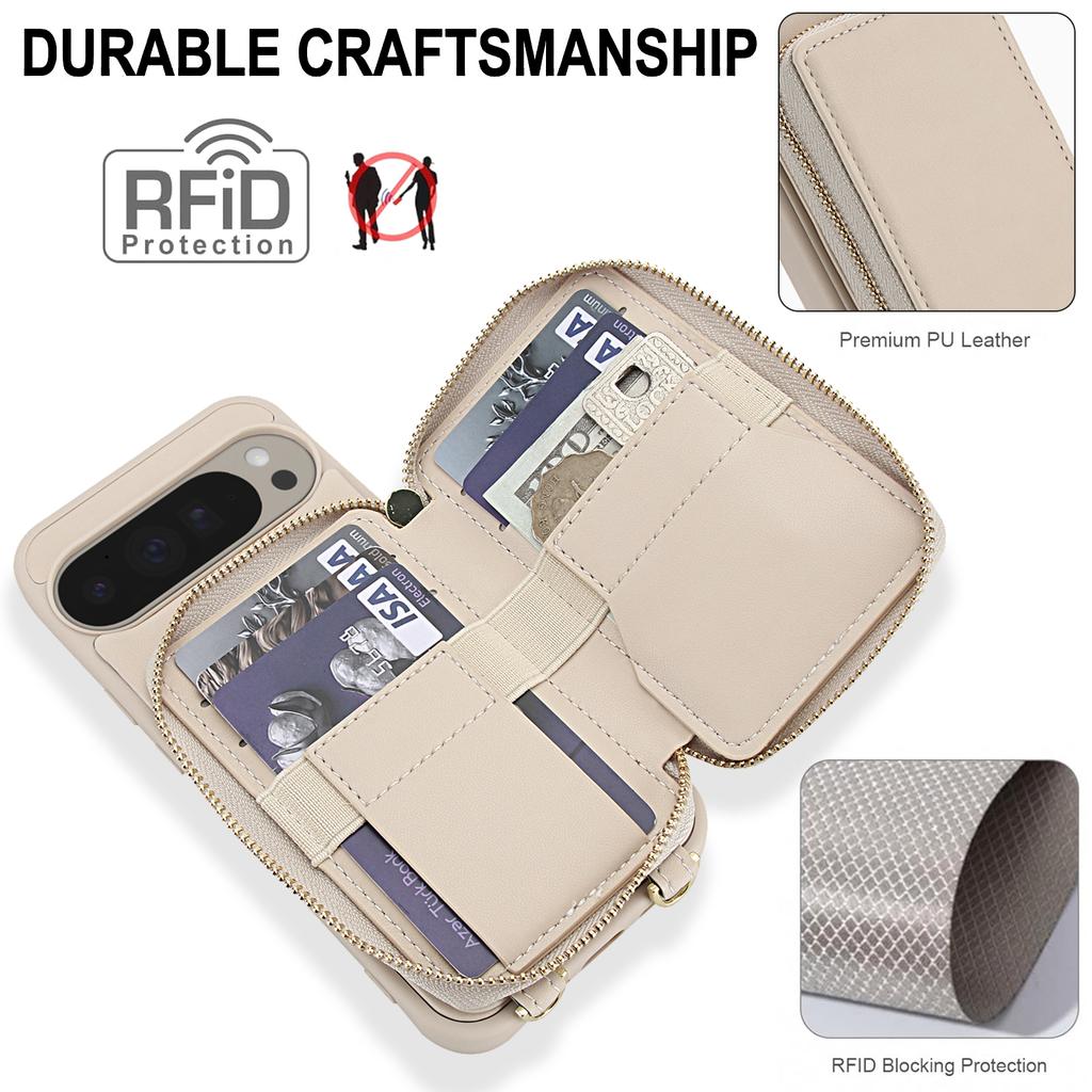 For Google Pixel 9 Pro XL Case RFID Blocking Zipper Wallet Leather + TPU Phone Cover with Shoulder Strap