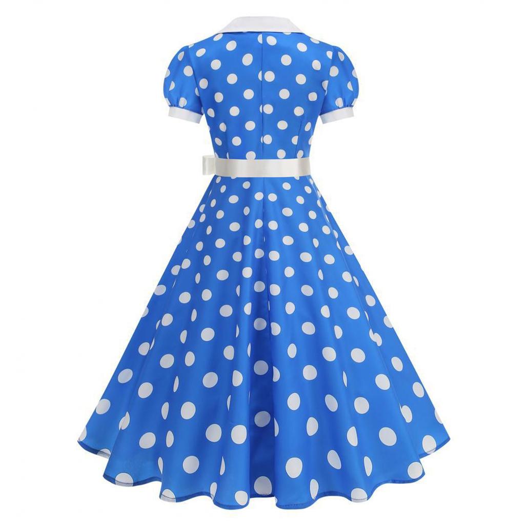 Vintage 1950s Polka Dot Dress for Women, Short Sleeve Retro Swing Dress with Belt, Classic A-Line Tea Party Dress