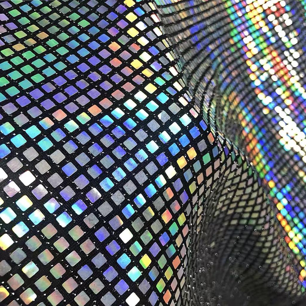 Colorful Holographic Reflective 4x4mm Square Sequin Elastic Knitted Fabric DIY Sewing Cloth Background Decoration Materials