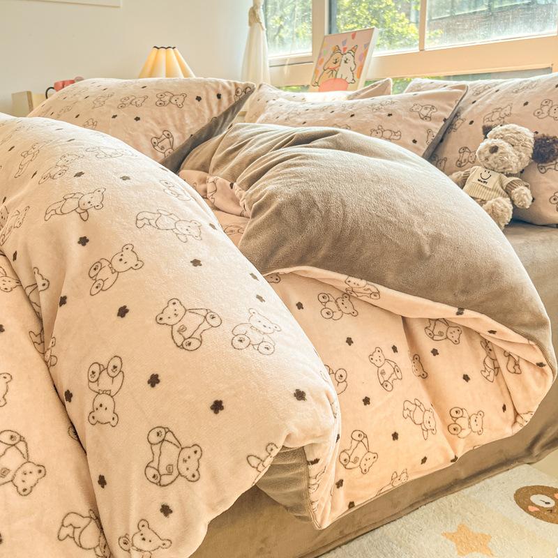 Thickened Milk Fleece Four-Piece Set, Coral Fleece Bed Sheet Quilt Cover, Fleece Three-Piece Set, Bedding.
