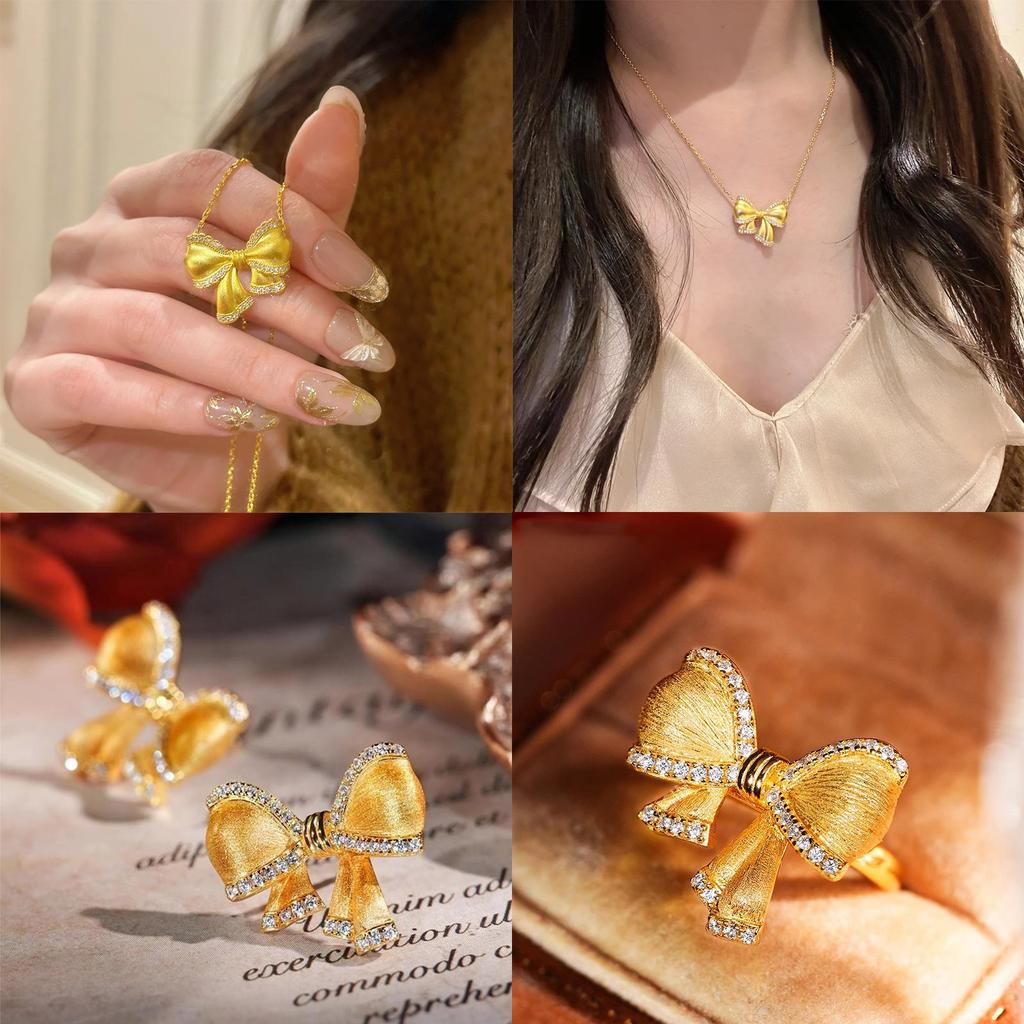 French Retro Princess On The Run Brushed Bow Necklace Pendant Light Luxury Full Of Diamonds Ancient Gold Ribbon Butterfly Stud Earrings