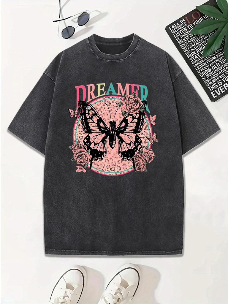 Dreamer Butterfly Printing Washed TShirts Womens Cotton Oversized Tops Comfortable Distressed ONeck T Shirts Summer Clothes