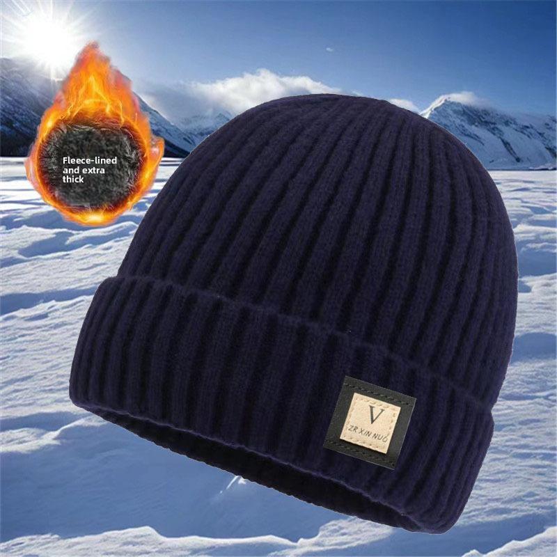 Męska zimowa gruba ciepła dzianinowa wełniana czapka z podszewką z polaru modna czapka w jednolitym kolorze w koreańskim stylu
