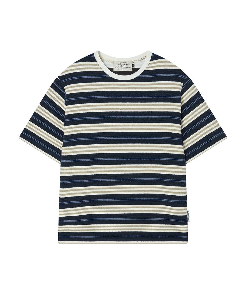 BEYOND CLOSET [Collection Line] Airy Stripe Short Sleeve Knit Navy
