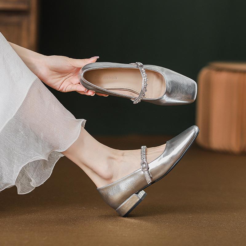 Summer Single Shoes New Square Head Shallow Mouth Rhinestone One-word Diamond Belt Silver Low Heel Flat Shoes Mary Jane Shoes