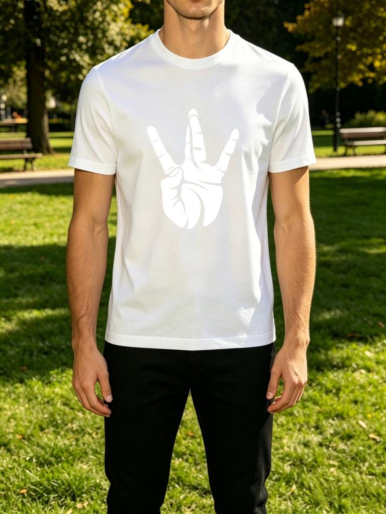 Unisexs Tee Simple Three Finger Hand Sign Print Cotton Short Sleeve Male Streetwear Summer Daily Outdoor Casual Basic Fashion Top
