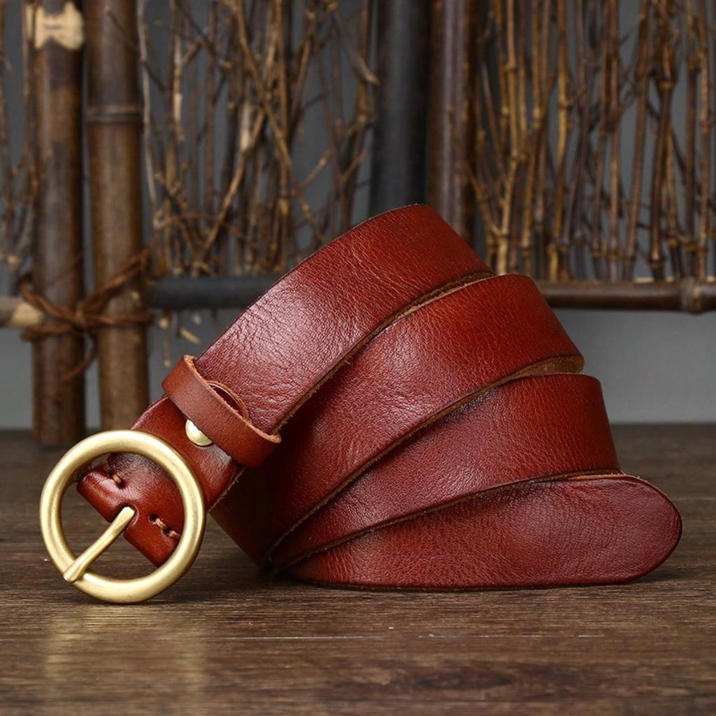 Retro couple style circle buckle leather needle buckle pure cowhide versatile men's and women's denim belt