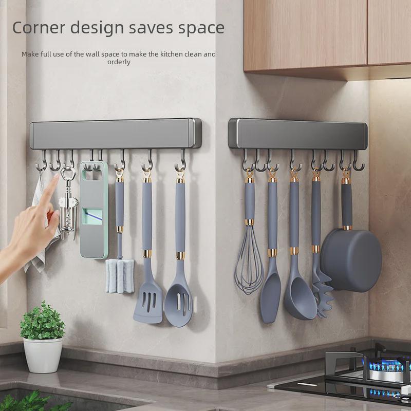Seamless Kitchen Hook Rack: Punch-Free Space Aluminum Hanging Rod for Spatula & Spoon