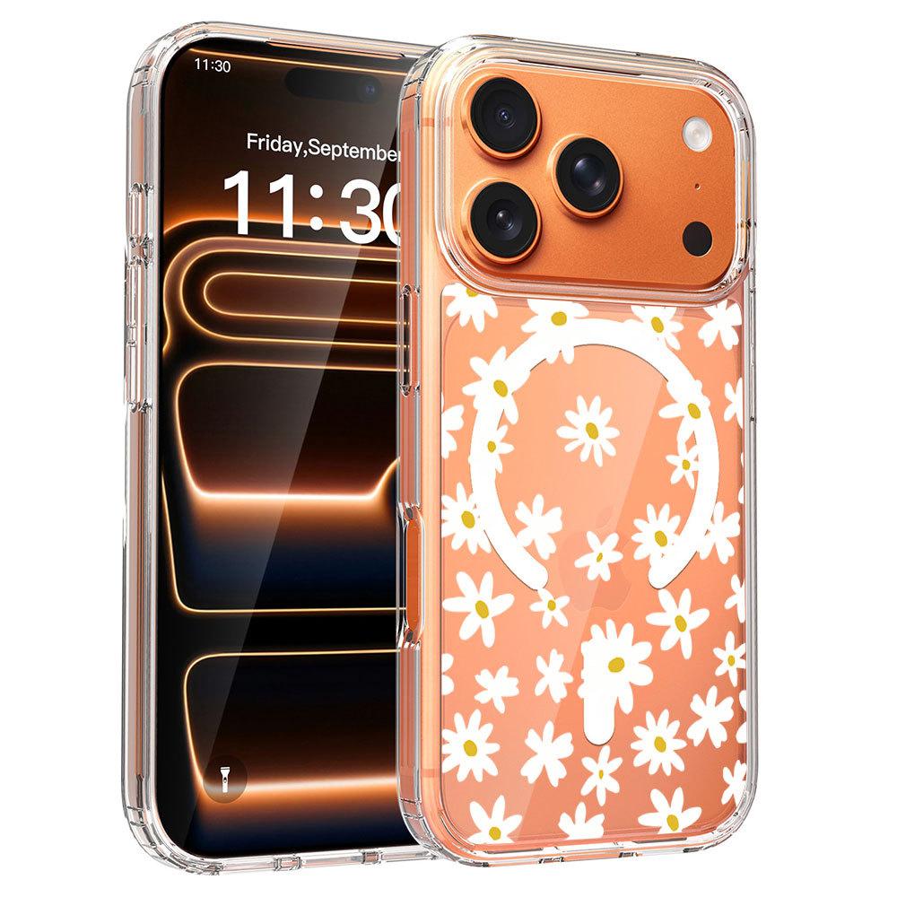 Japan and South Korea popular small daisy transparent mobile phone case magnetic wireless charging compatible with Apple 17PRO anti-drop protective