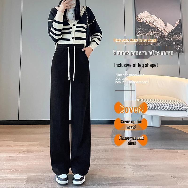 Women's 2024 Chenille Wide-Leg Floor-Length Black Pants - Autumn/Winter Style