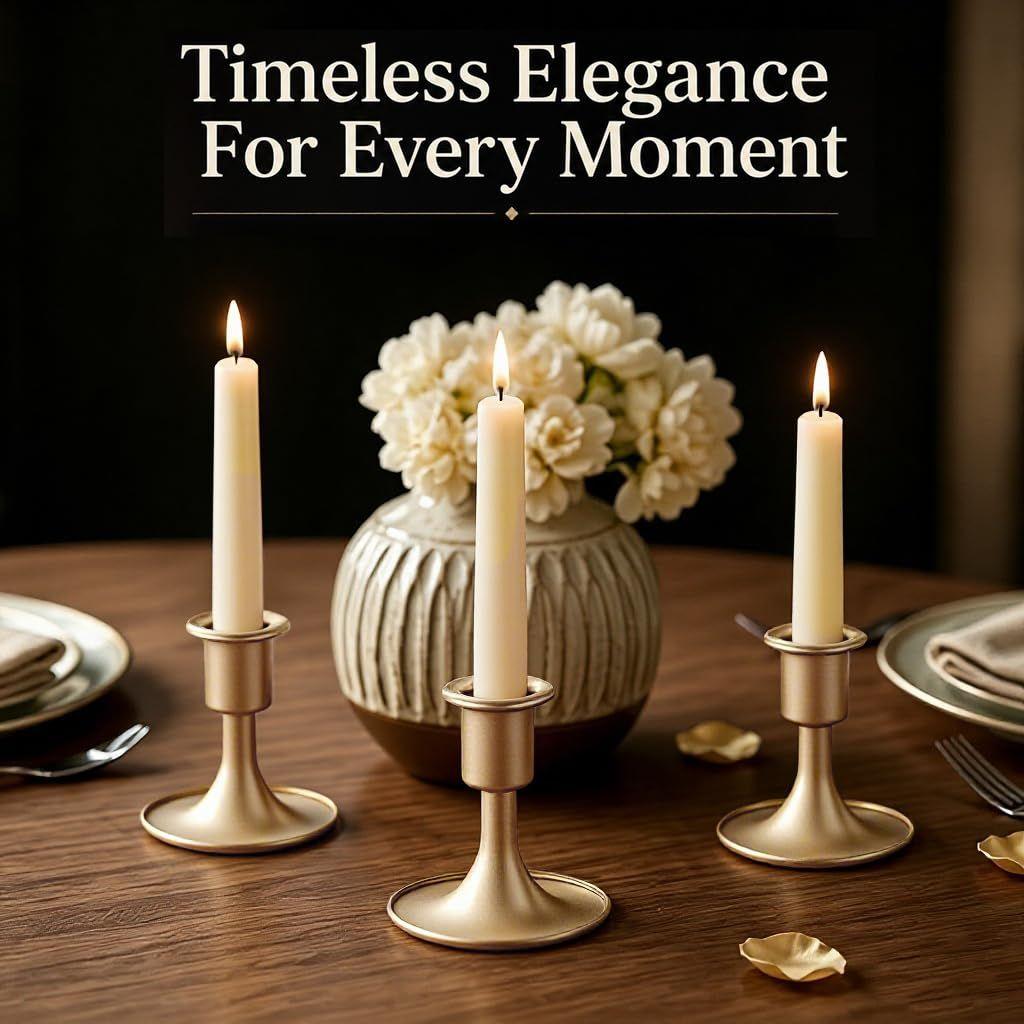 Taper Candleholder Stand Gold Metal Wide Base Mantel Display Holds Taper Candles, Wide Base Helps Reduce Tipping, Gold Metal, Table and Mantel Display