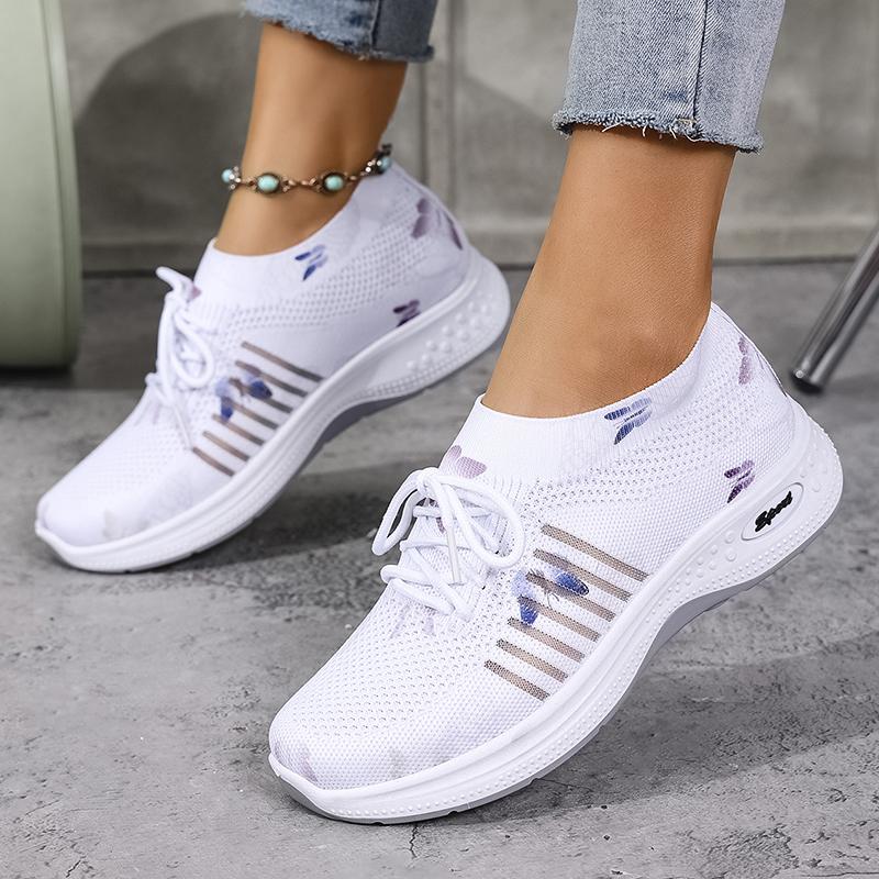 Fashion Fashion White Butterfly Print Platform Sneakers Women Breathable Knit Mesh Running Shoes Woman Non Slip Comfort Walking Shoes