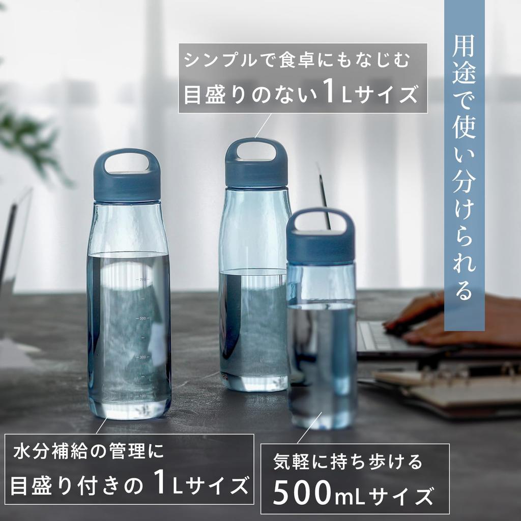 Marna Daily Water Bottle, 1L, with Graduated Indications (Made In JapanWeb Exclusive), Glass-Like Smooth Mouth, Lightweight, Dishwasher Safe, Easy To