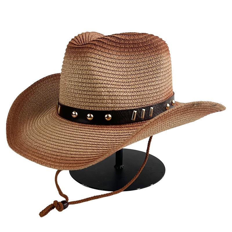 Spray Painted Denim Straw Hat Windproof Belt Accessories Western Cowboy Hat Outdoor Seaside Sun Protection Beach Hat