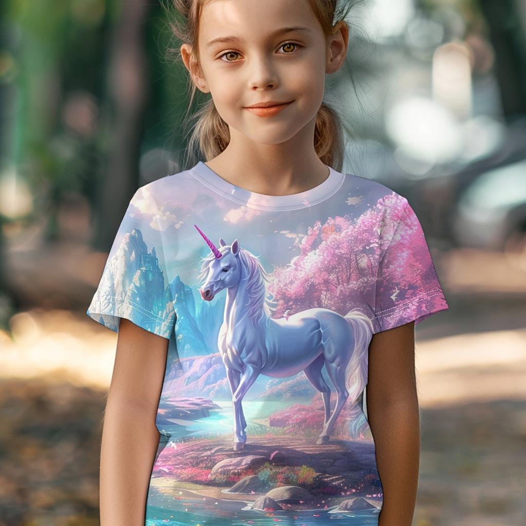 Children's Clothing Girl T-Shirt Short Sleeve 3D Cartoon Print Kids Summer Clothes Casual Round Neck Girl Clothes Tops