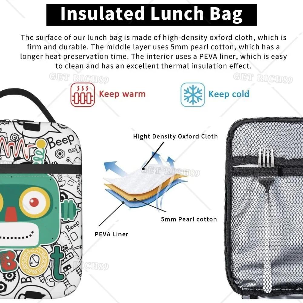 Robots Lunch Bag for Women Men Reusable Insulated Leak Proof Lunch Box with Pocket for Work, Office, Picnic, Camping, Traveling