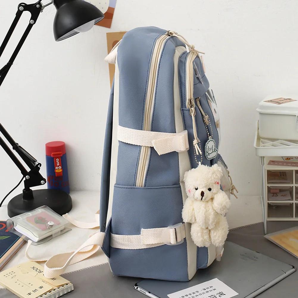 5 peças/conjunto Mochila Kawaii Feminina Coreana Fofa Mochila Estudante Menina Grande Capacidade Mochila Escolar Bolsa com Cordão Carteira